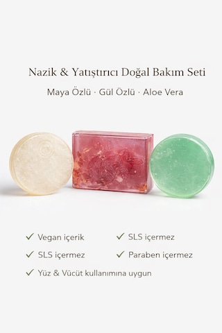 3'lü Doğal Sabun Seti Maya, Aloe Vera, Gül Özlü - Hassas & Günlük Nazik Bakım Serisi Aloe Vera - Gül