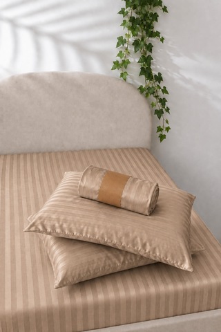 Çizgili Saten Çarşaf Takımı Seti Lastikli Yumuşak & Parlak Tek/çift/battal Boy 30 Cm Yükseklik Şampanya