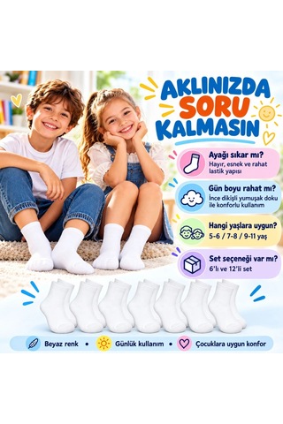 Bezos Çocuk Beyaz Çorap 12'li Set İnce Dikişli Yumuşak Nefes Alabilen Okul Günlük Rahat Çorap 5-11 Yaş Seti Ob