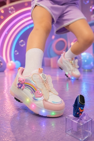 Muggo Colourful Çocuk Işıklı Patenli Tekerlekli Sneaker Spor Ayakkabı Pudra