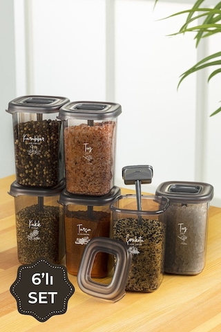 Vienev Beyaz Serigrafi Etiketli Kendinden Kaşıklı 6lı Luna Baharatlık Saklama Kabı Şeffaf