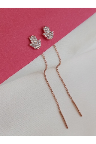 Keskin Gümüş 925 Ayar Gümüş Zirkon Taşlı Fatıma Ana Eli Gold Kadın Zincir Küpe