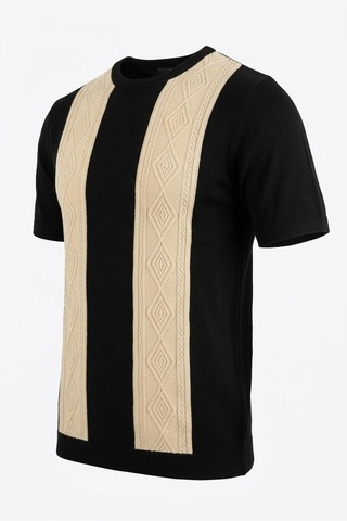 Jakarlı Pamuklu Desenli Triko Tshirt Siyah