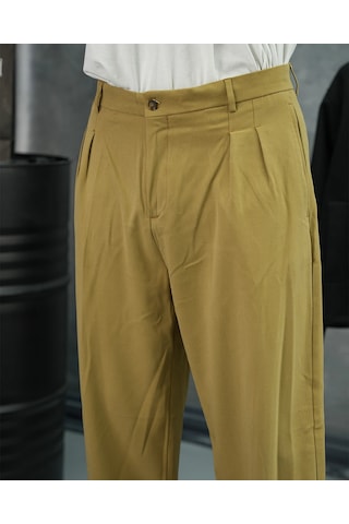 Modefendi Baggy Kalıp Pile Detaylı Kumaş Pantolon Hardal