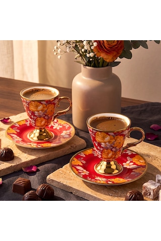 Aryıldız Begonia 12 Parça 6 Kişilik Kahve Fincan Takımı Kırmızı 100 Ml Çok Renkli