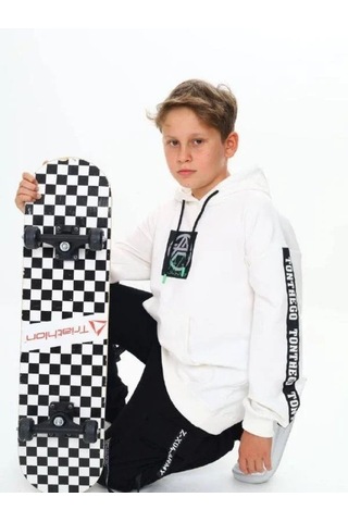 Çocuk Kapüşonlu Stay Strong Yazılıi Sweatshirt-14816 Ekru