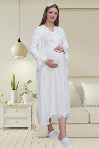 Mecit Pijama Mecit 1518 Ekru Sabahlıklı Lohusa Gecelik Takım