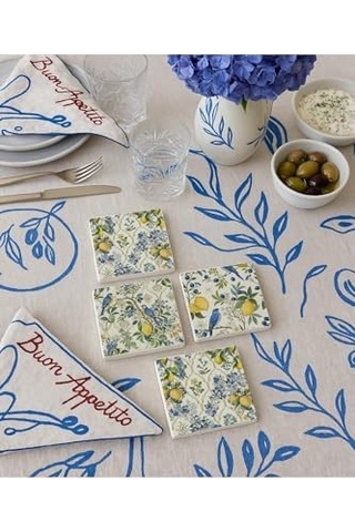 Limon Ve Kuş Desenli Doğal Taş Bardak Altlığı 4 Lü Set, Yazlık Sunum Ürünü 1