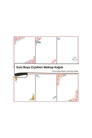 Sulu Boya Çiçekleri Mektup Not Kağıdı, +6 Düz Kağıt +6 Çizgili Kağıt A4 Boyut