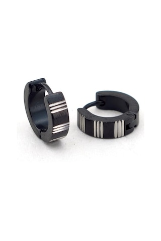 Siyah Renk Çizgili Halka Çelik Erkek Küpe E403