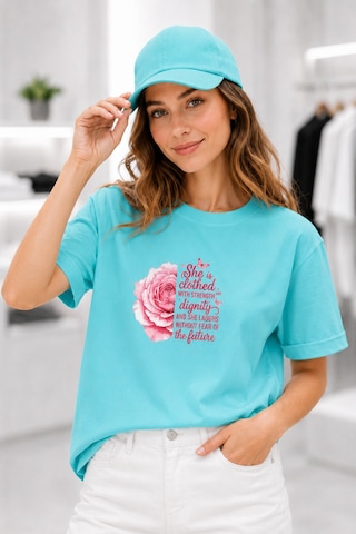 Bayloranzzo Rose Art %100 Pamuk Heavy Cotton Premium Kalite Kadın Tişört Su Yeşili