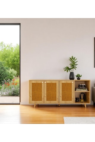 Floradesign Bali Jute Konsol / Konsol / Çok Amaçlı Dolap 160 Cm Mdf Kapaklı Meşe