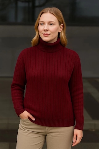 Balıkcı Yaka Bağazlı Triko Kazak Pamuklu Kalın Fitilli Dokuma - Bordo Bordo