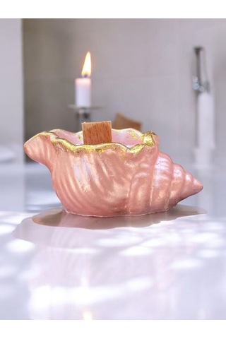 İstiridye Deniz Kabuğu Simli Pembe İncili Kokulu Mum Ahşap Fitilli Mum Simli Açık Pembe