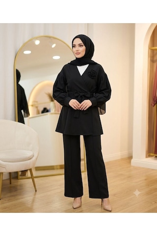 Lovie Moda Gül Detaylı Pantolonlu İkili Takım Siyah