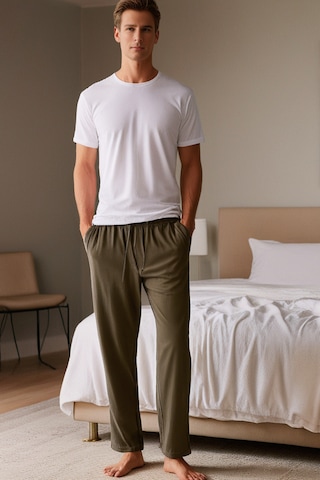 Elemge %100 Pamuk Süprem Erkek Pijama Altı Haki Cepli Rahat Kalıp Relax Fit Lastikli Ipli Terletmez Esnek