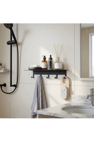 Yapışkanlı Metal Banyo Rafı 5 Kancalı Duvar Rafı Organizer Dekoratif Raf Siyah Paslanmaz Duvar Rafı Havluluk Ask Çok Renkli