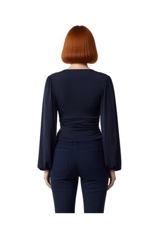 Ersefa Stil Kadın Animal Baskı Yeşili Büzgü Drape Detaylı Kollu Esnek Bl Lacivert