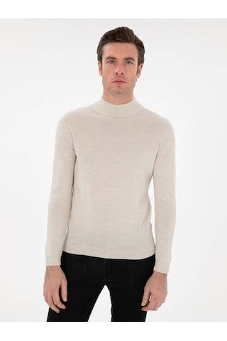 Cacharel Bej Slim Fit Yün Karışımlı Yarım Balıkçı Yaka Basic Triko Kazak