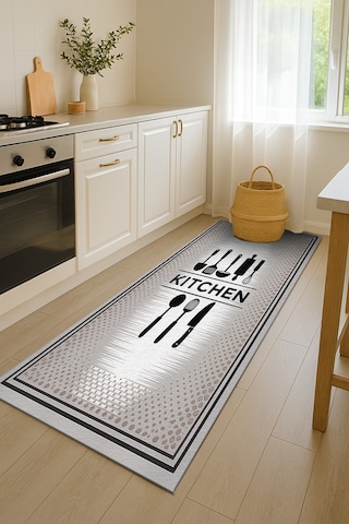 Turkıshrug Kıngdom Gri Kitchen Yazılı Dekoratif Mutfak Halısı Kaymaz Ve Yumuşak Çok Renkli
