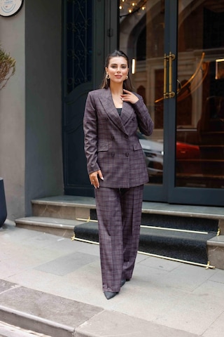 6 Düğmeli Kruvaze Ekose Takım Bordo Bordo