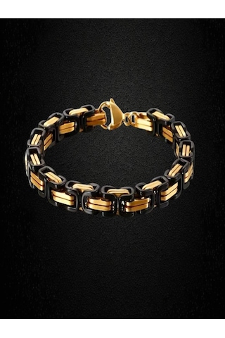 Çelik Bileklik Kral Zincir Model 0.5 Mm 22 Cm Bizans Bağlantı Tasarım Gold Siyah Siyah - Gold