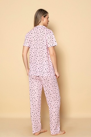 Dreamy Pamuklu Kalp Desenli Kısa Kollu Düğmeli Gömlek Pijama Takımı Pembe