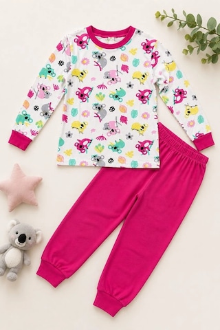 Novalisse Kız Çocuk Premium Penye Koala Desenli Uzun Kollu Pijama Takımı 2-11 Yaş - Fuşya Çoklu Renk
