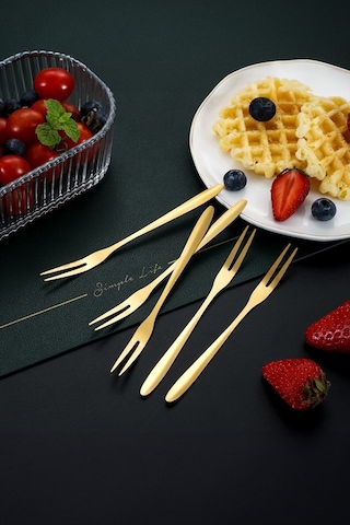 304 Çelik 6 Adet Gold 13 CM İki Dişli  Meyve Tatlı Ve Kek Çatalı Cin567sr-6