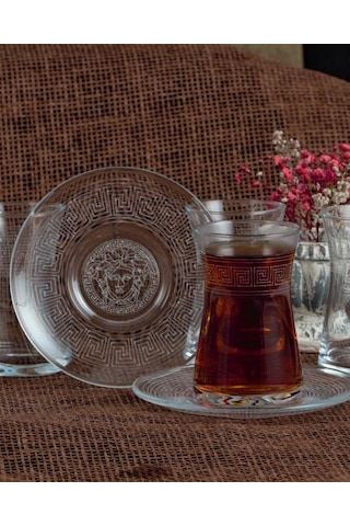 12 Parça Çay Seti - Paşabahçe Heybeli Antik Desen Şeffaf