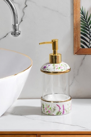 Porsima 3127-1 Gold Kapaklı Porselen Ve Cam Sıvı Sabunluk Çiçek Desenli Ve Şeffaf Tasarım 350 Ml Gold