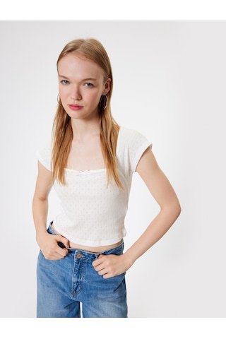 Koton Kap Kol Tişört Fiyonk Detaylı Kare Yaka Slim Fit Ekru 4sal11139ık Ekru