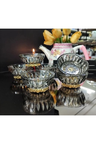 Elta Collection 6 Adet Füme Renk Gold Metal Ayaklı Kahve Yanı Lokumluk Şekerlik Sosluk Reçellik Füme