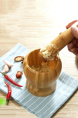 12cm Bambu Ahşap Sarımsak Ezeceği Havan Tokmaklı Bambu Havan