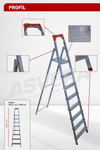 Asvera 7+1 8 Basamaklı Katlanabilir Profil Merdiven - Sağlam Çelik Çatı Ve Depo Merdiveni