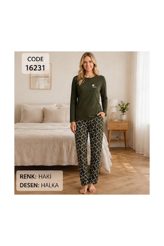 Melodi Kadın Standart Kalıp %100 Pamuk Düğmeli Yaka Uzun Kollu Baharlık Pijama Takımı 16231 - 1 Adet Haki