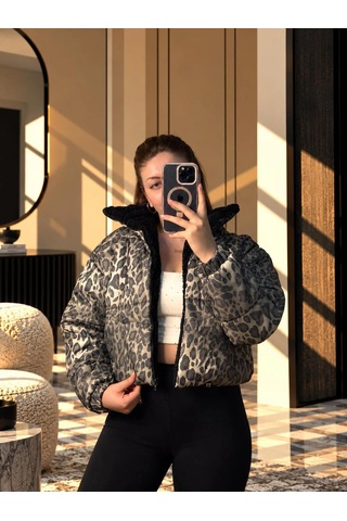 Elora Atelier Leopar Haki Peluş Yakalı Kapitone Mont