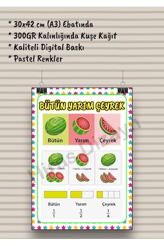 Bütün Yarım Çeyrek Afişi Eğitici Çocuk Posteri Okul Öncesi İlkokul Sınıf Duvar Panosu Öğretmen Materyali 30x42cm A3 Kalın Kuşe Kağıt
