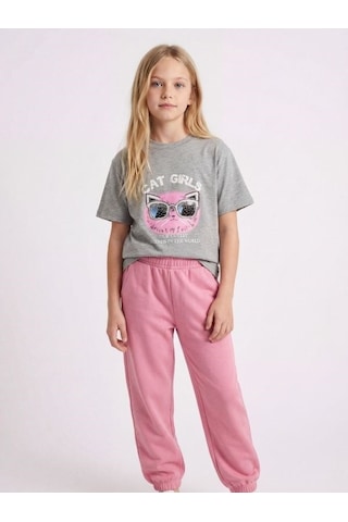 Zekids Kız Çocuk Cat Girls Baskılı T-shirt-17186 Gri