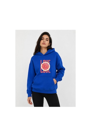 Herkesemoda Portakal Dilimi Baskılı Kapüşonlu 2 İplik Şardonlu Sweatshirt Mavi