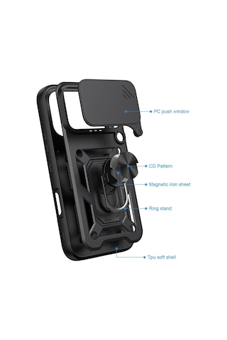 Teleplus Honor 600 5g Kılıf Magnetik Standlı Kamera Korumalı Slide Sürgülü Cover Kapak Siyah