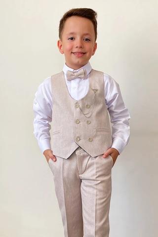 Erkek Çocuk Takım Elbise Papyonlu Yelekli Takım Elbise Bej