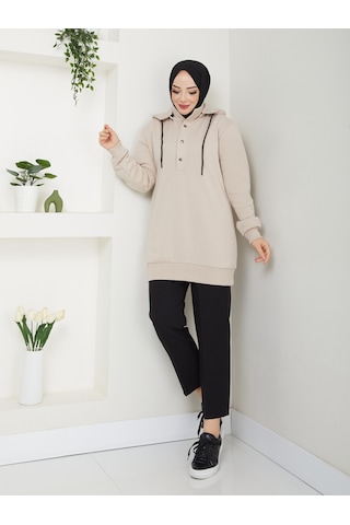 Raika Moda Kapşonlu 3 İplik Büyük Beden Tesettür Sweatshirt Bej