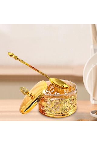 Homyl Kapaklı Şekerlik Lüks Dekoratif Kavanoz Retro Altın