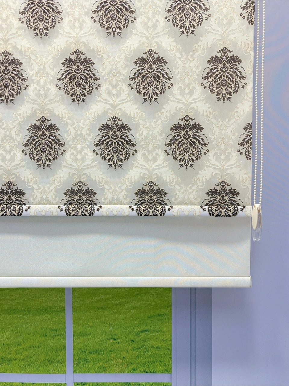 Kahverengi Damask Desenli Çift Mekanizmalı Tül Ve Stor Perde - Simli Kumaş, Simli Stor Perde Kahverengi