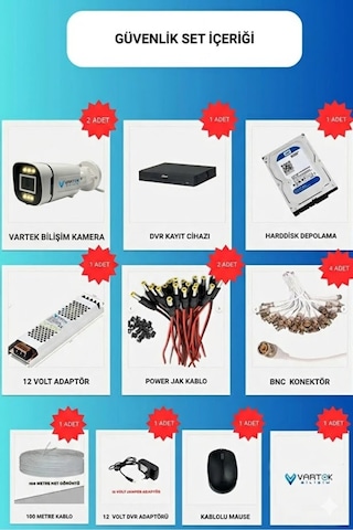 2 Kameralı 6 Atom Led Gece Renkli Görüşlü Güvenlik Kamerası Seti + 500 Gb Hdd