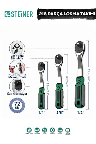Steiner Ultra Güçlü 1/4 Cırcırlı 216 Parça Lokma Anahtar Takımı Oto Tamirci Full Tam Set 72 Diş