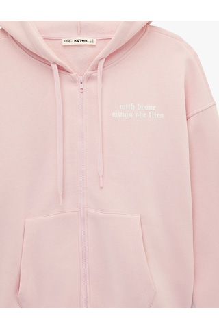 Koton Kanguru Cepli Fermuarlı Kapüşonlu Arkası Baskılı Oversize Sweatshirt Pembe 6sal10258ık Gülkurusu