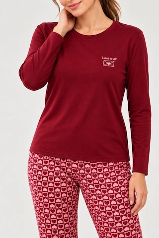 Gd Goldoremi Kadın Kalp Desenli Likralı Termal Kumaş Bordo Uzun Kollu Pijama Takımı