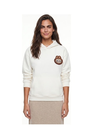 Onloox Kadın Ekru Ekru Pamuklu Karışım Kapüşonlu Yaka Nakış İşlemeli Kanguru Cepli Sweatshirt